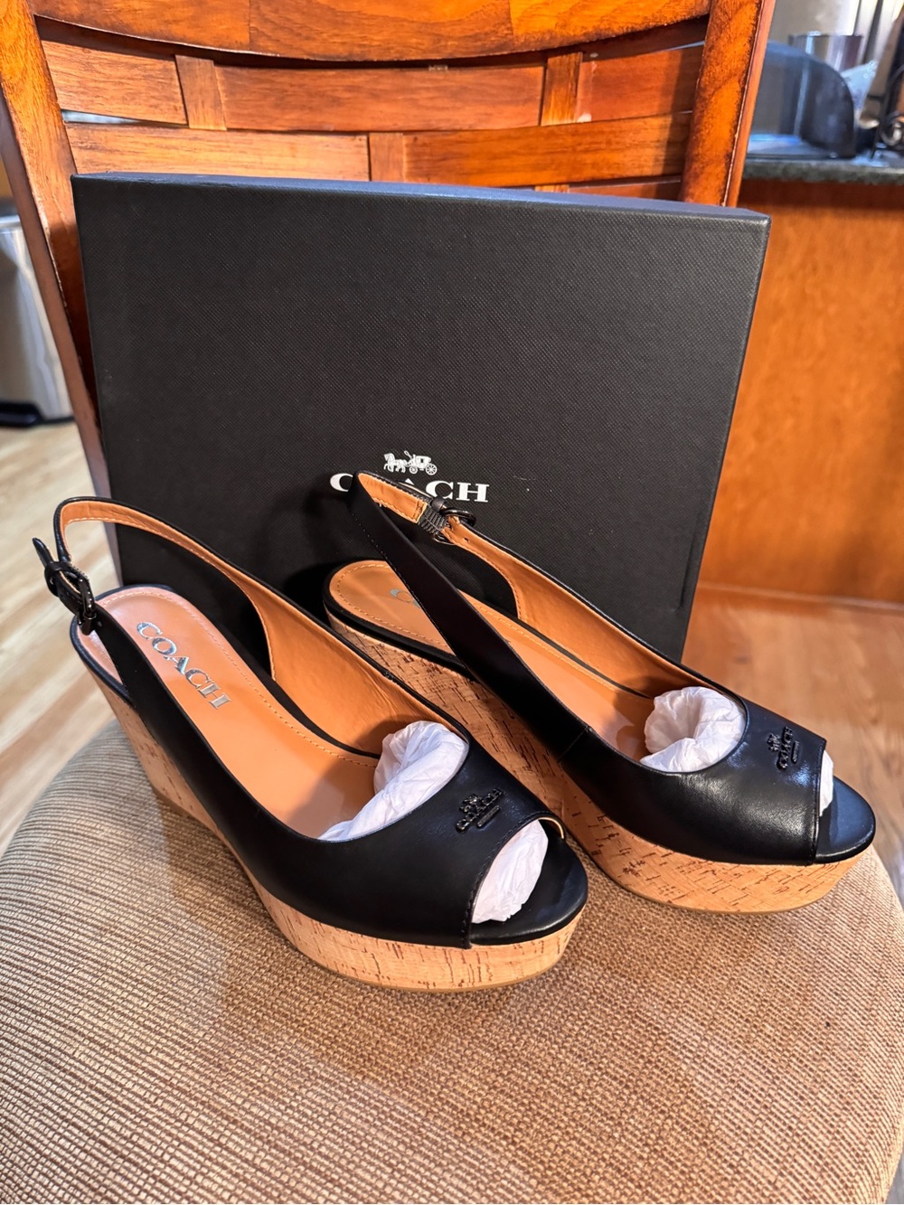 Coach Black Leather Peep-Toe Cork Wedge Slingbacks